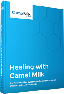 This image features the cover of a book titled "Healing with Camel Milk" by CamelMilk.com.
